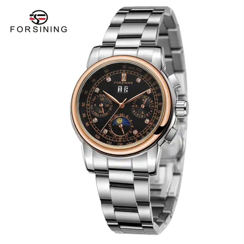 Forsining mujer moda casual movimiento mecánico multifuncional reloj mecánico automático correa de acero Sun Moon Star