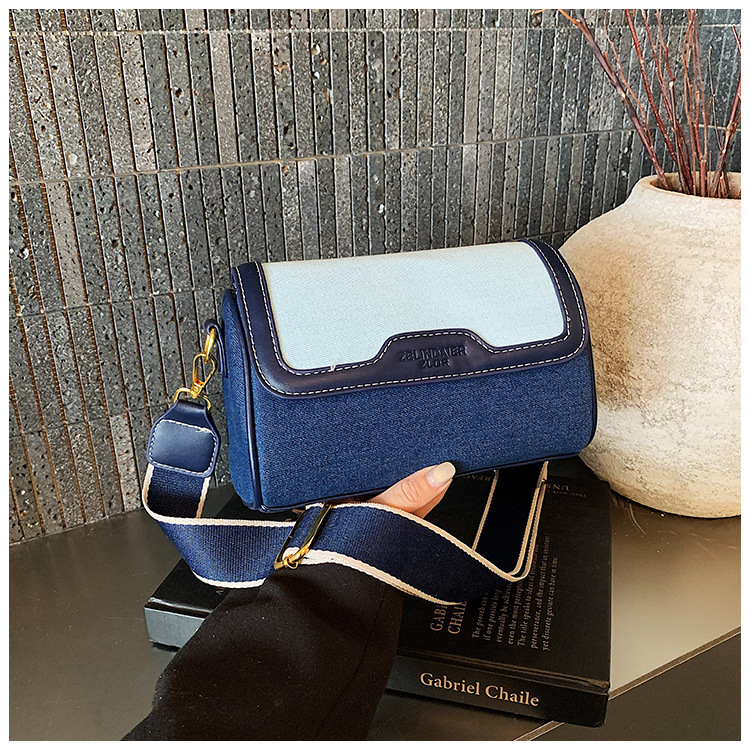 Bolso cilíndrico retro transfronterizo mujer 2026 nueva moda vaquero empalme bolso cuadrado textura banda ancha mochila image 7
