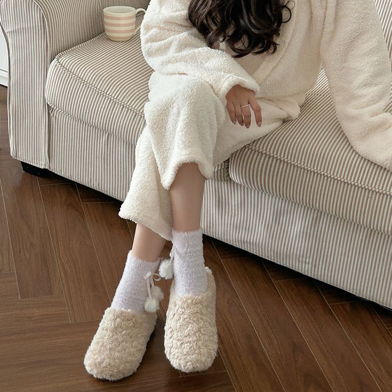 2025 Cat Velvet Socks Women's Mid-Calf Socks Autumn and Winter Thickened Confinement Socks Small Fur Balls Cute Home Sleeping Socks Women