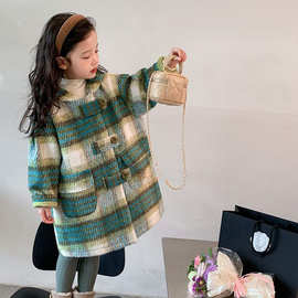 女童毛呢连帽大衣秋冬2025新款韩范洋气休闲格子夹棉加厚保暖外套