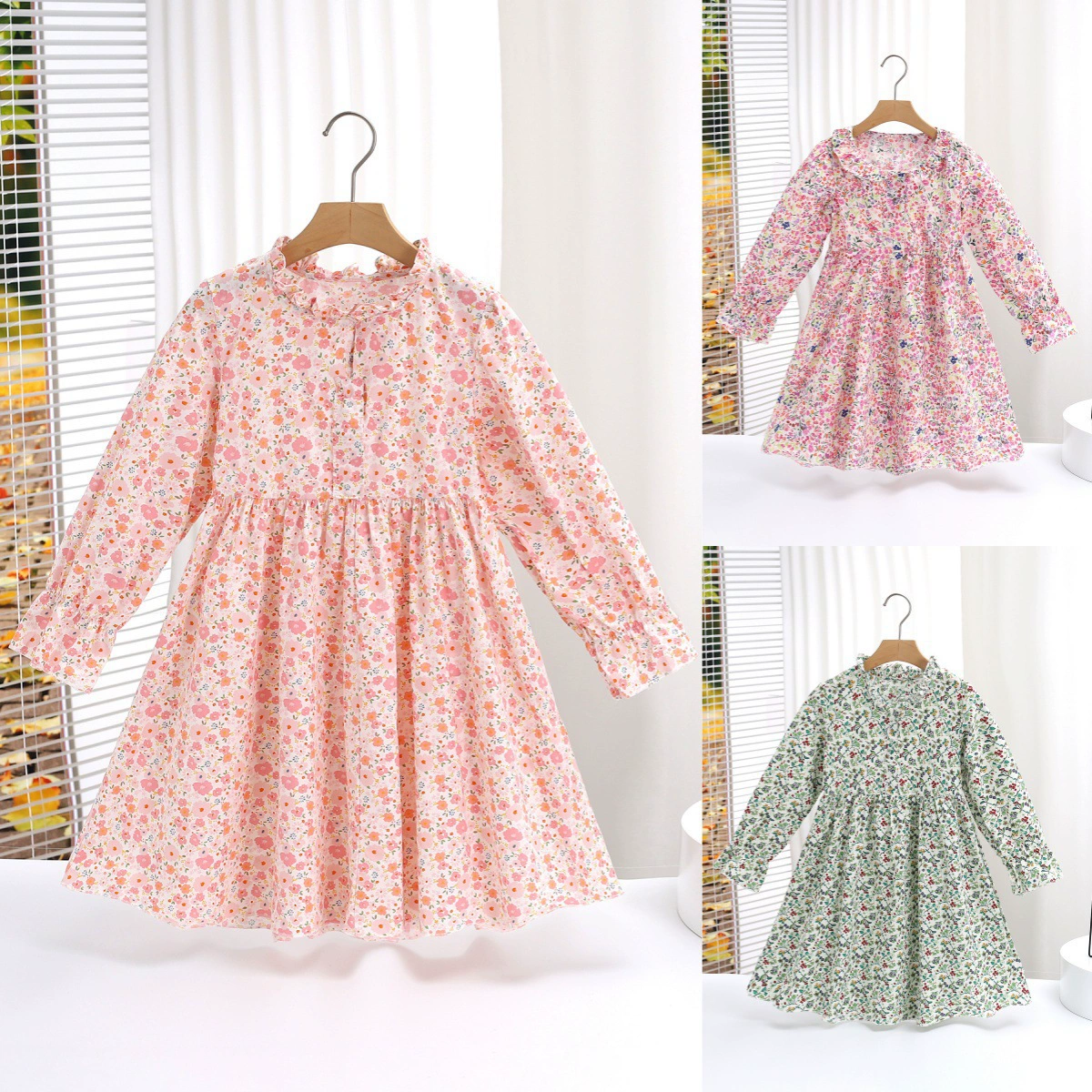 Платье для девочек 2024 осеннее платье новый детский дух юбка детское цветочная юбка с длинным рукавом корейское платье принцессы