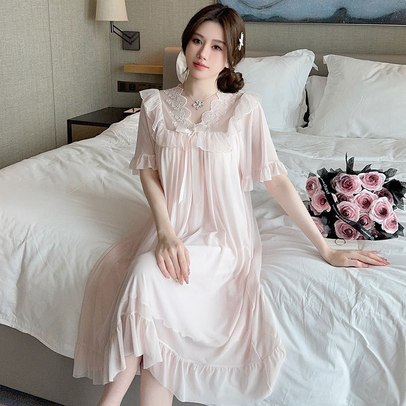 Summer Style Solid Color Lace with Chest Pads, Mesh Fabric, Palace Princess Style Mid-Length Nightgown, Sleepwear, Loungewear