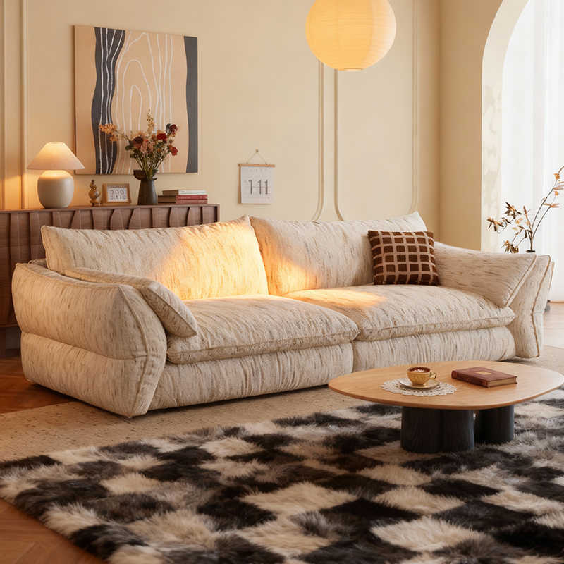 French Retro Genuine Grand Duo Sofa Dopamine Cream Style Living Room Straight Designer Fabric down Sofa