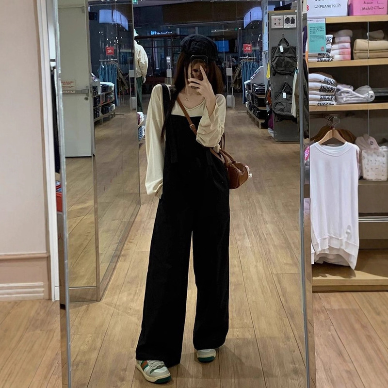 秋季薄款复古背带裤女2025新款初秋显瘦休闲宽松网红阔腿裤子套装|undefined