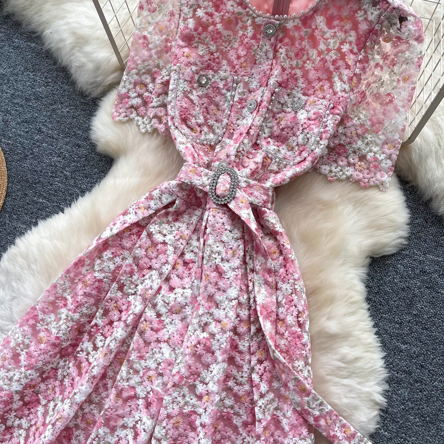 Women's Pink Lace Hollow Out Dress Short Sleeved High Waisted A-Line Skirt Elegant Slimming Commute Summer Dress_ecoleips.com