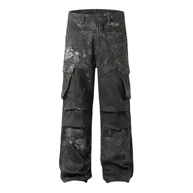 Брюки рабочие многокарманные с эффектом пятен чернил, стиль High Street американский, потертая отделка, уличная хип-хоп функциональная свободная повседневная модель для мужчин