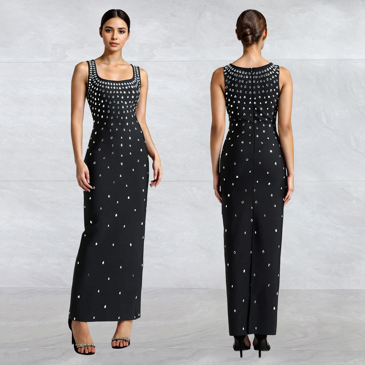 C7117 cross-border AliExpress Amazon Europa y América moda de mujer caliente diamante U cuello sin mangas bolsa de cadera vestido ajustado image 1