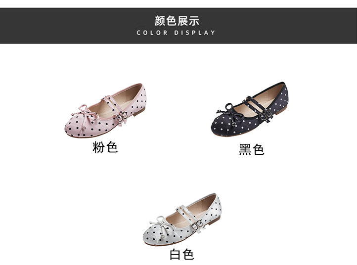 Giày búp bê Mary Jane nữ mũi tròn chất liệu satin chấm bi thắt nơ, đế bằng gót thấp — Màu hồng, Màu trắng, màu đen chi tiết 6