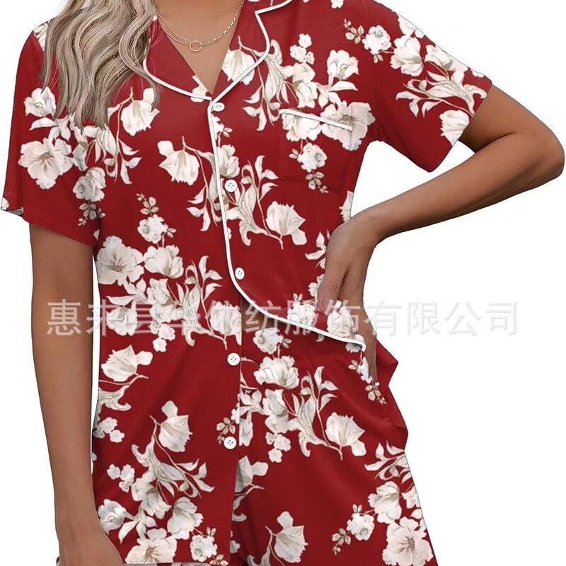 Summer European and American Amazon Women's Pajamas Set Short-Sleeved Shorts Two-Piece Button Top Soft Home Clothes