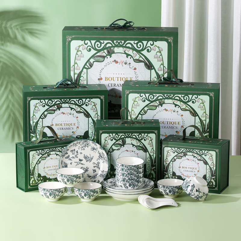 Green Rose Ceramic Tableware Set Household Underglaze Color Dish Set Business Event Opening Souvenir Gift Wholesale