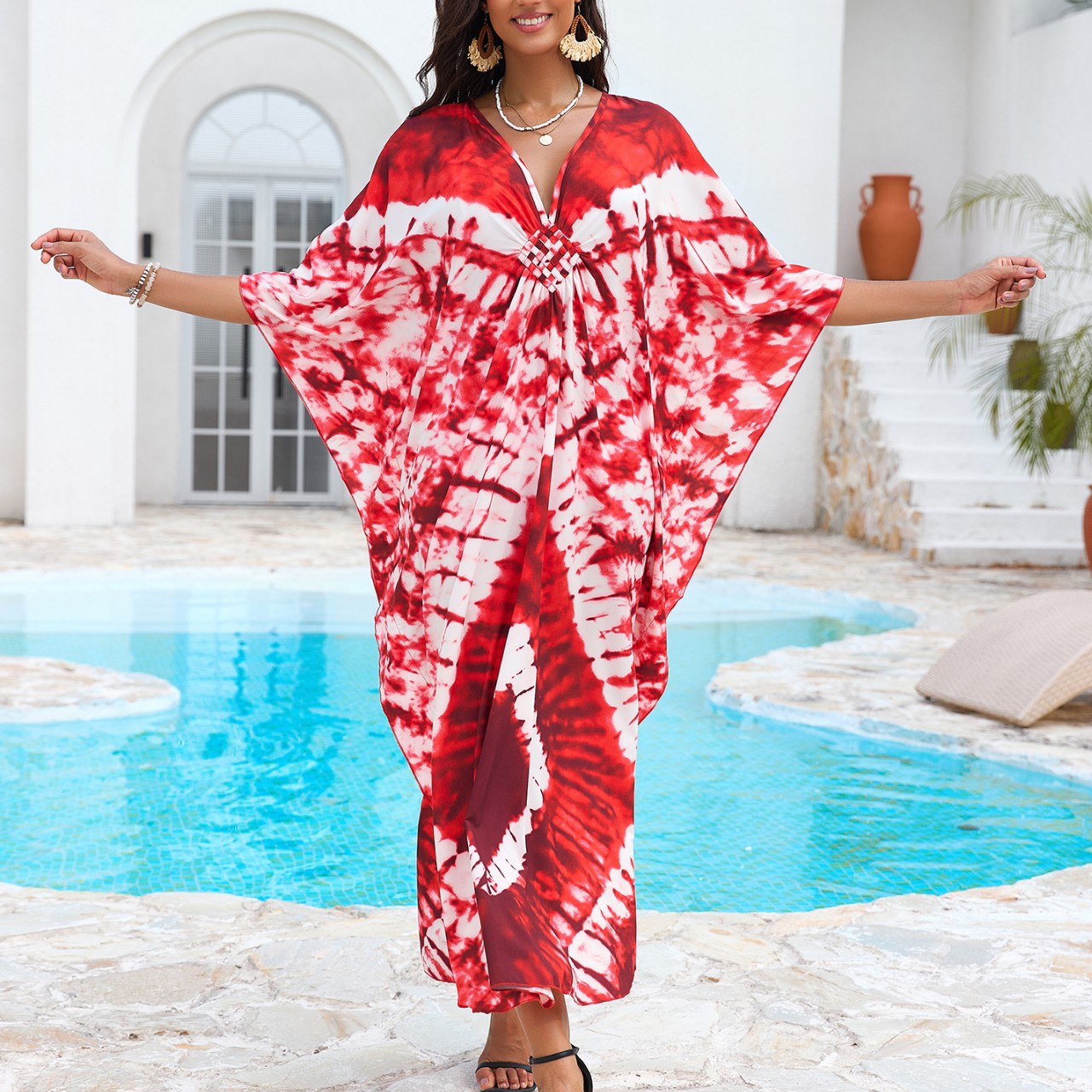 Cross-Border European and American Style Printed Beach Cover-Up, Hand-Woven V-Neck Plus-Size Dress, Vacation Long Dress in 31 Colors