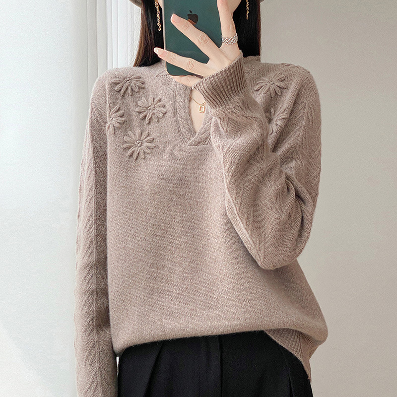 2025 New Pure Wool Knitwear Women's Half Open Collar Pullover Pure Color Hand-Crocheted Loose Elegant Bottoming Knitwear