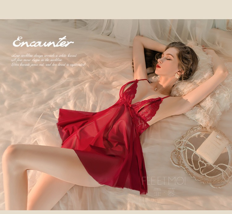 Feimu Nighttime Dream Lace Sheer Nightdress with Matching Thong, See-through Mesh, Open Crotch, One Size — detail image 24
