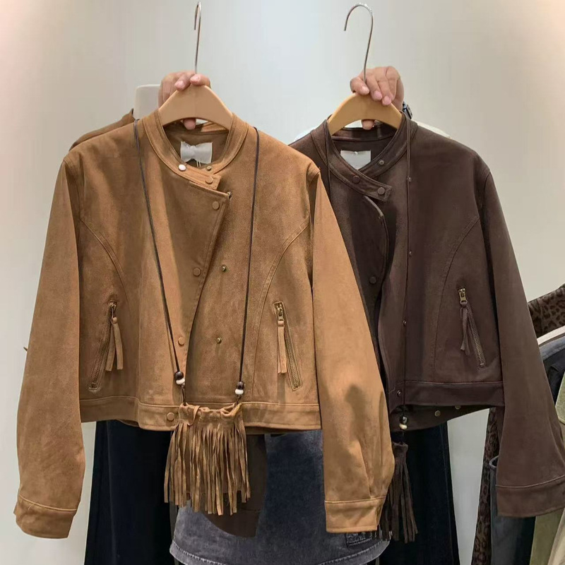 Vintage Suede Diagonal Button Jacket for Women, Autumn 2025 New Style, Petite High-End Casual Biker Short Coat