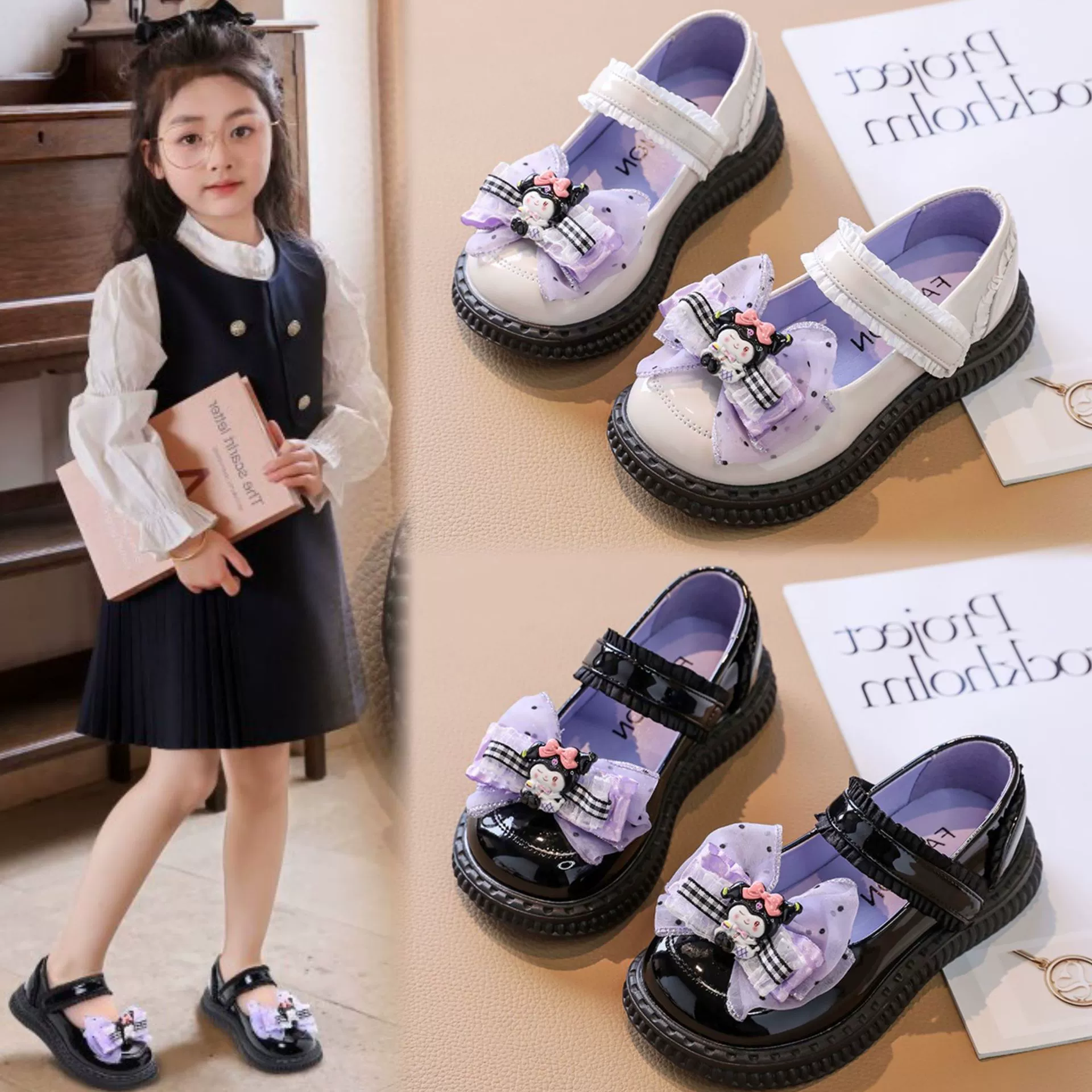 Кожаные туфли для девочек Куломи Принцесса обувь весна 2025 новый стиль детский кружевной бант Мэри Джейн на мягкой подошве одиночные туфли