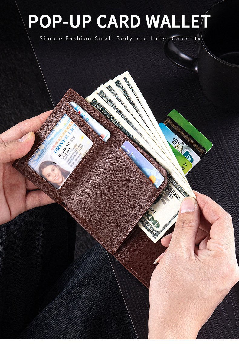 Ví nam gập mini da bò thật chống trộm RFID ba khúc — Đỏ nâu, Đen, Cà phê - Ngựa điên chi tiết 14