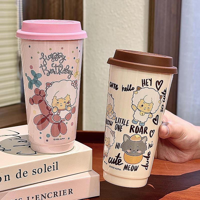 Pleasant Goat y Big Big Wolf Taza de cerámica genuina con tapa Taza de agua potable para el hogar Taza de café de oficina linda
