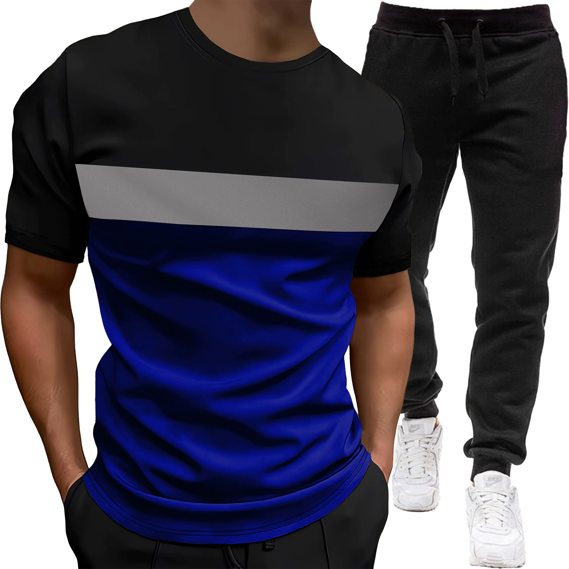 Летний костюм из футболки и брюк: спортивная повседневная футболка с коротким рукавом и круглым вырезом, брюки в тон, для мужчин.