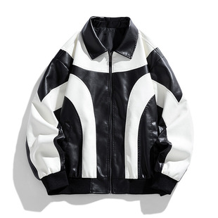 Couple's Leather Jacket Men's Korean Style Youth Loose Trendy Jacket Splicing Contrasting Color Women's Retro Handsome Lapel Motorcycle