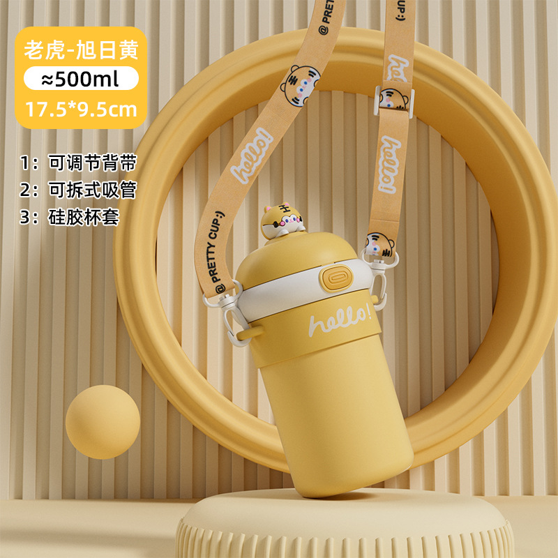 Botón rebote Taza de aislamiento de vidrio de doble capa anti-escaldado Taza de agua Linda etiqueta 3D correa de la Copa de paja taza portátil