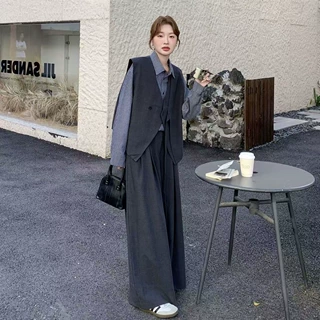 女小众秋季时尚阔腿裤套装小个子西装马甲气质新款三件套设计轻职