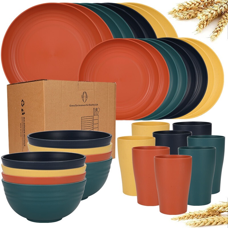 Amazon Wheat Straw Bowl, Plate, and Cup Set 32Pcs Thickened Version Dinner Plate Soup Bowl Cup Household 8-Person Dinnerware Set