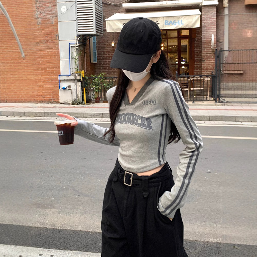 跨境外贸专供复古长袖t恤女2025春秋紧身显瘦短款bella风辣妹上衣