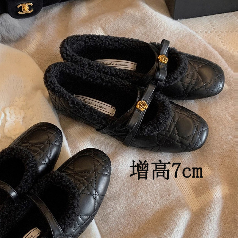[Height Increase 7] Women's Winter New Plush Shoes Women's Outerwear Mary Jane Shallow Mouth Warm Bean Shoes