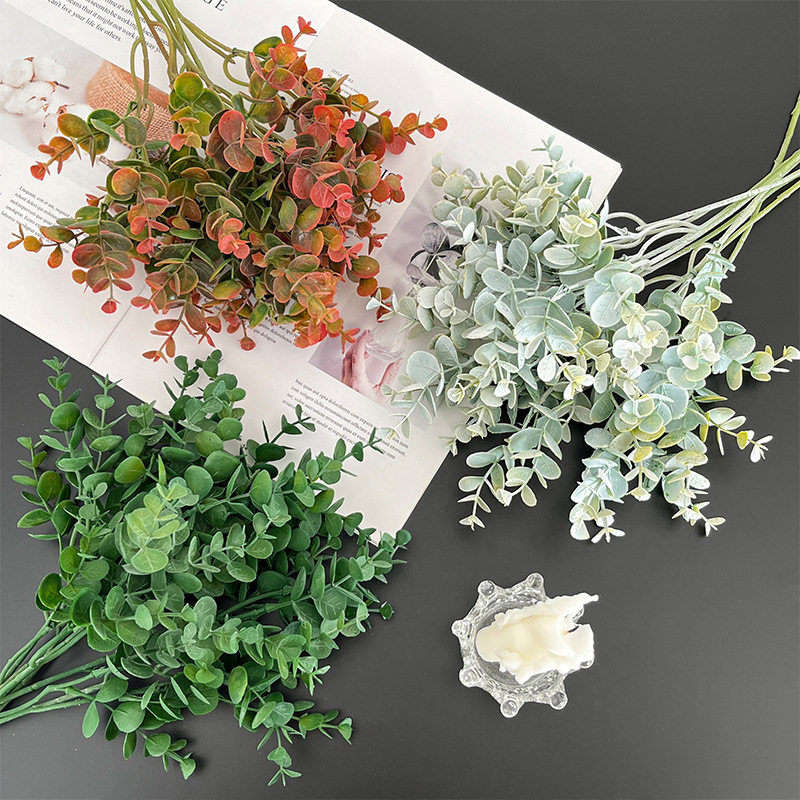 Autumn color single eucalyptus artificial green plant artificial flower wedding photography prop money leaf fake flower DIY material