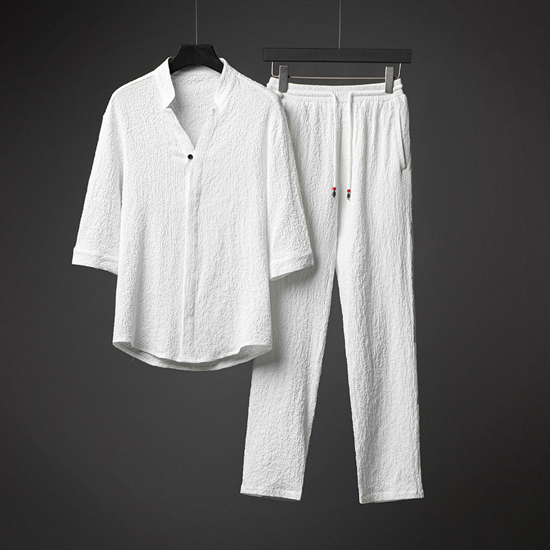 Chinese Style Summer Ice Silk Retro Hanfu suit Loose plus size Zen Suit Thin Half Sleeve Casual Pants suit 2025