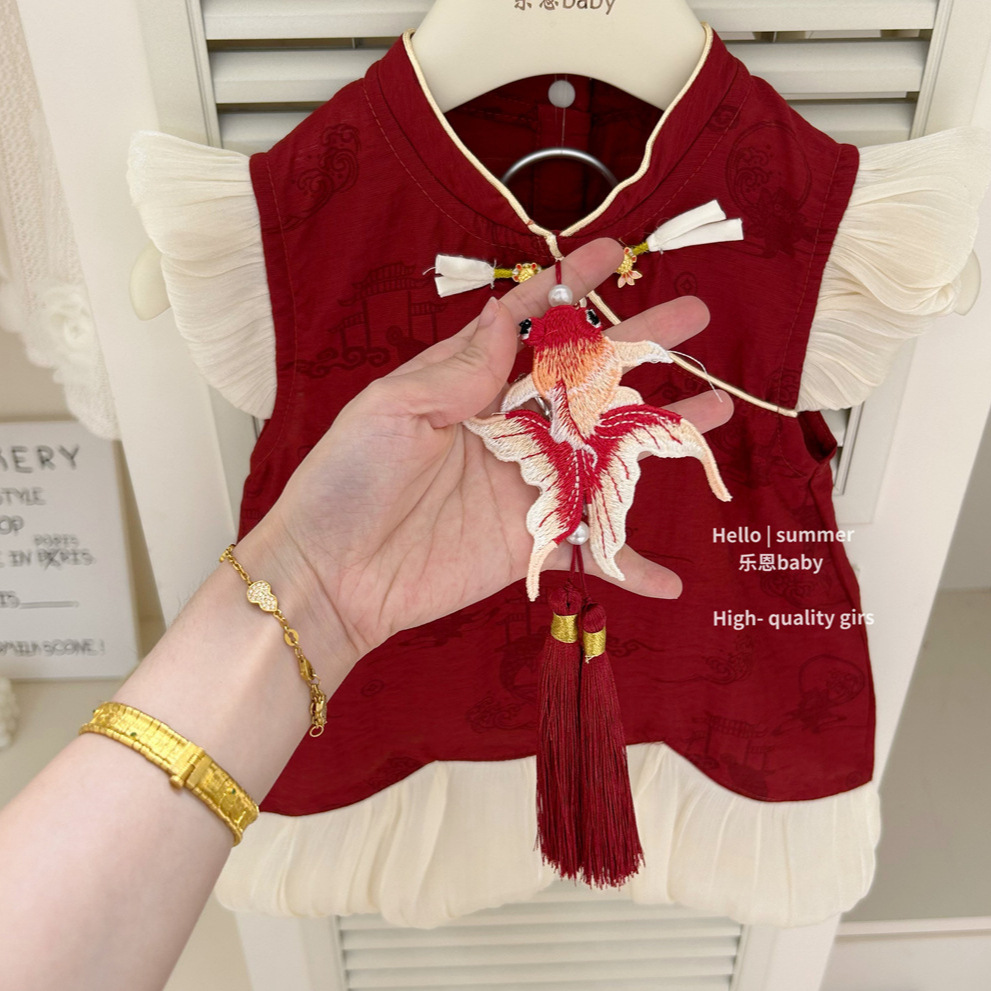 [Le En baby] Verano para niñas Nueva falda de chaleco de estilo nacional rojo chino Vestido de malla Vestido de bebé de estilo occidental