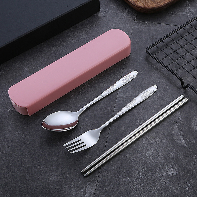 Stainless Steel Portable Tableware Set Chopsticks Spoon Fork Tableware Three-piece Student Gift Tableware Printable logo