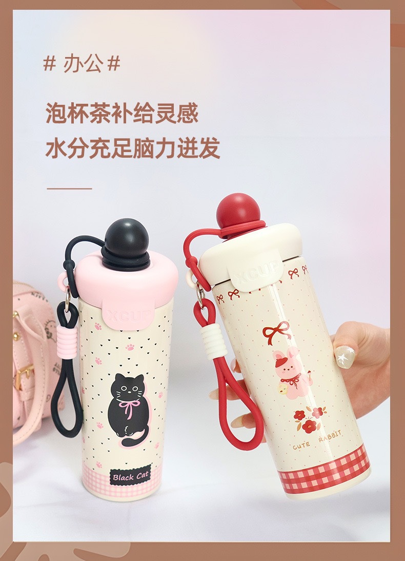 High-end 316 stainless steel floating ball thermos cup, large capacity cartoon cute sippy cup with straw, convenient water cup with carrying handle rope