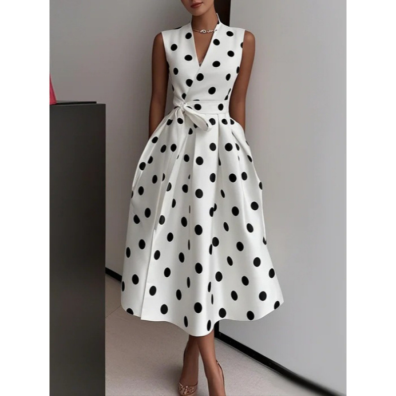 European and American Cross-Border Independent Website Sleeveless Polka Dot Dress Hepburn Style Retro Dress Evening Gown with Large Hem European and American Cross-Border Independent Website Sleeveless Polka Dot Dress Hepburn Style Retro Dress Evening Gown with Large Hem