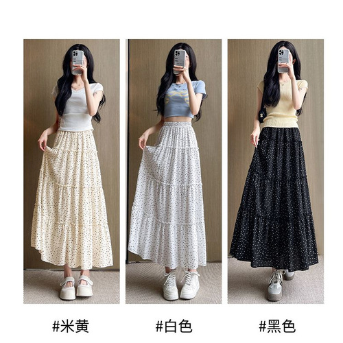 Policy-dotted skirt for women's summer new high-waist a-line slimming medium and long all-matching small white long dress