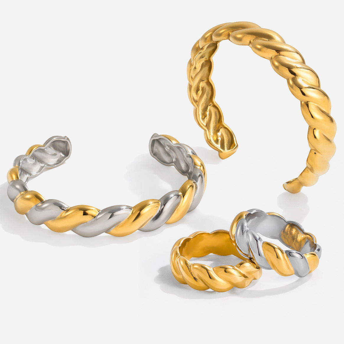 Minimalist Design 18K Gold Stainless Steel Gold and Silver Color Matching Threaded Hemp Pattern Texture Open Bracelet Jewelry