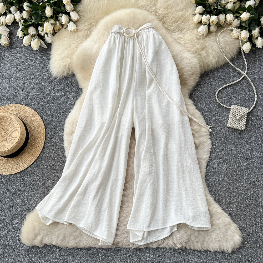 Women's High-Waisted Wide-Leg Trousers Tie Waist Retro Commuter Style Flowy Drapery Relaxed Fit Casual Pants_ecoleips.com