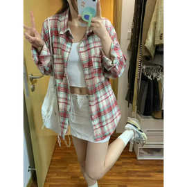 辣妹复古磨毛格纹长袖衬衫女春秋纯欲慵懒风宽松休闲格子衬衣上衣