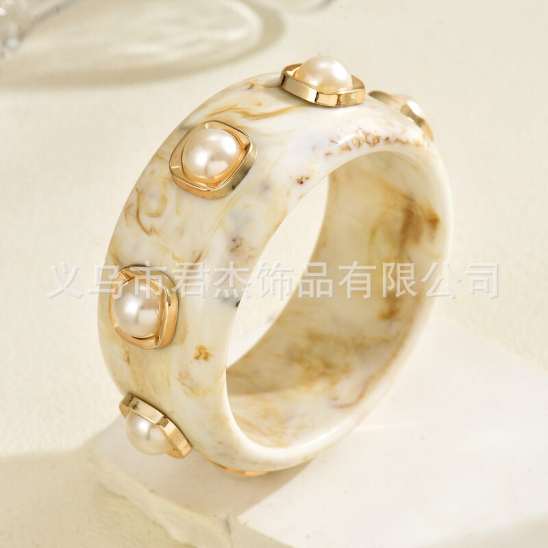 欧美时尚个性树脂粘爱心方形珍珠手镯设计感多色晕染树脂手环手饰|undefined