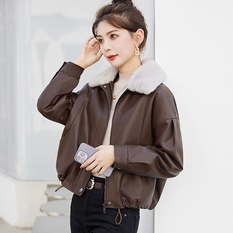 Popular Fur Collar Plus Velvet Leather Jacket for Women 2025 Winter New Style Small Short Loose Pu Motorcycle Jacket