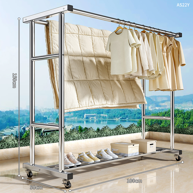 [두꺼운 스테인레스 스틸] 100CM 이중 극 - 단층 보관 랙 + 범용 휠