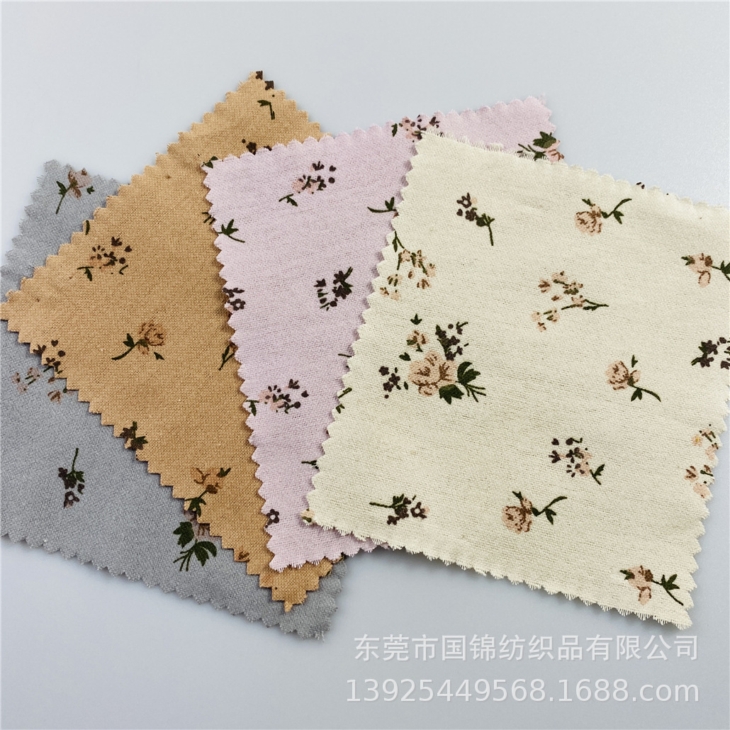 初春日系磨毛印玫瑰花 纯棉梭织平纹法兰绒剪毛印花布 服装面料