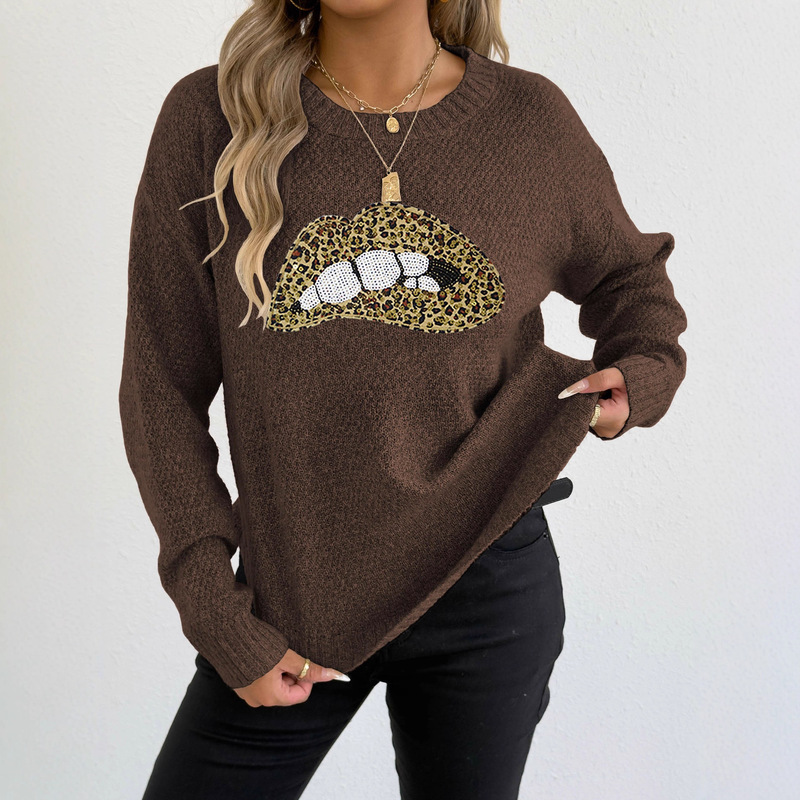 European and American Foreign Trade Women's Clothing Cross-Border Platform In-Stock Leopard Print 3D Printed Lips Personalized Round Neck Pullover Sweater for Women