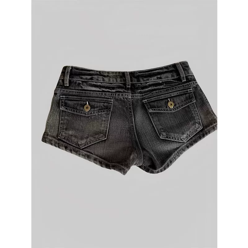 Джинсовые шорты женские, приталенные, washed black, заниженная талия