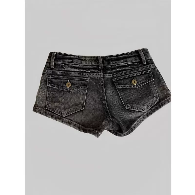 Джинсовые шорты женские, приталенные, washed black, заниженная талия