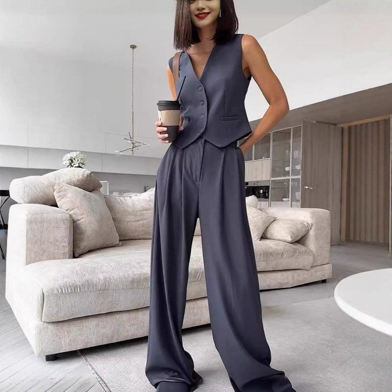 Cross-border European and American Women's Clothing 2025 Spring New V-neck Sleeveless Vest Draped Wide Leg Pants Casual suit