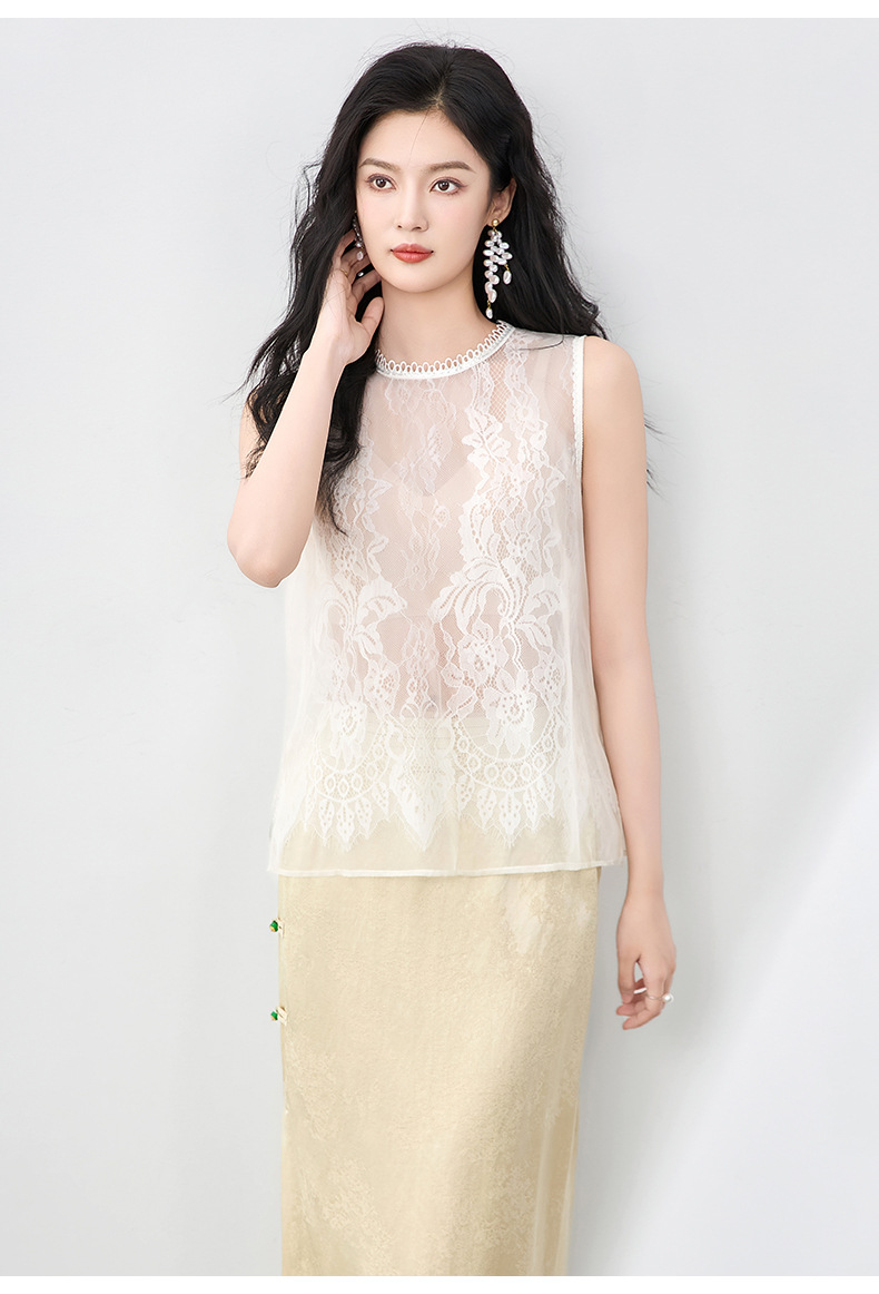 Áo hai dây organza ren cổ tròn phong cách thanh lịch mùa hè — Màu đen chi tiết 19