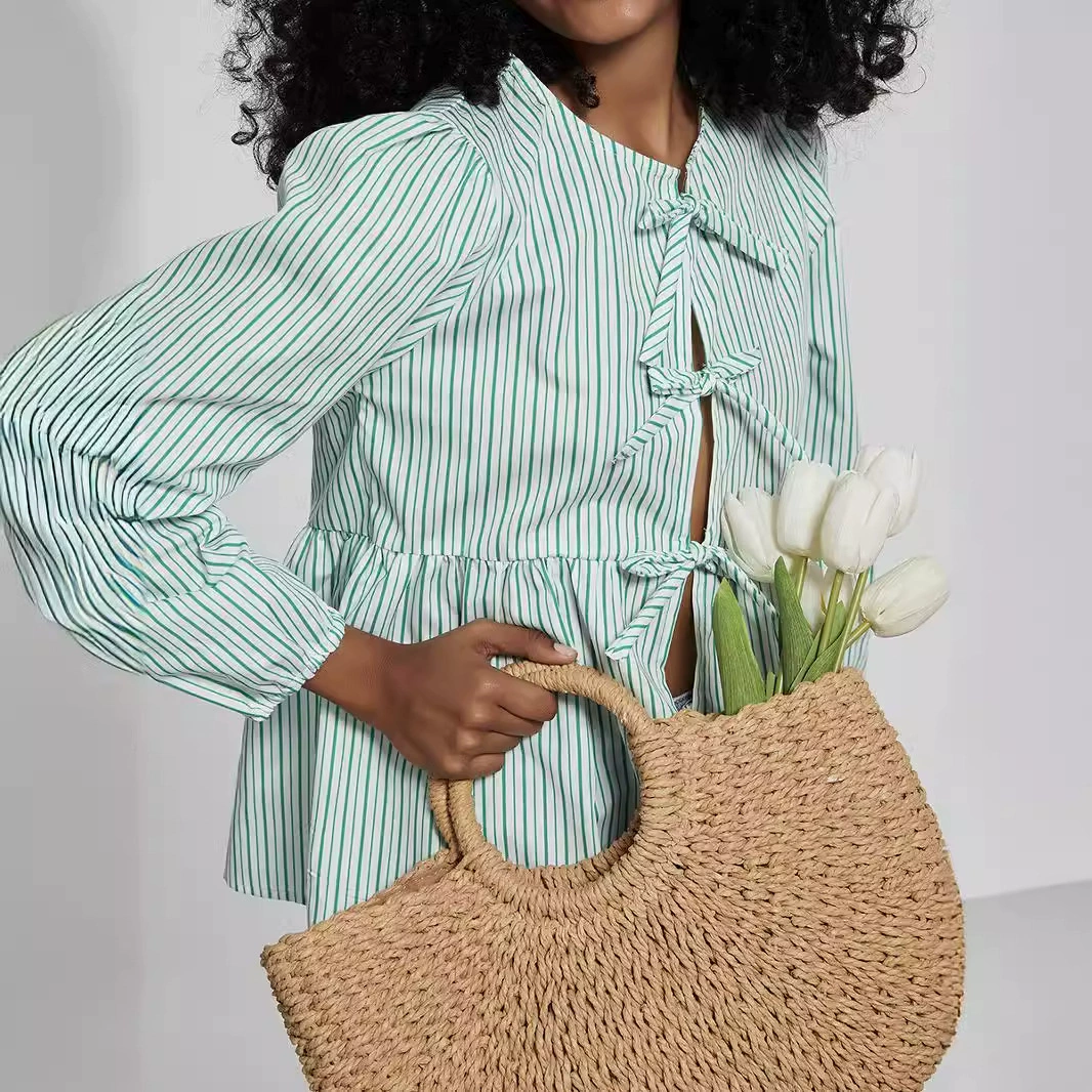 Трансграничная женская одежда оптом европейский и американский стиль шнуровка в полоску рубашка свежий идиллический стиль свободный топ с длинными рукавами осень