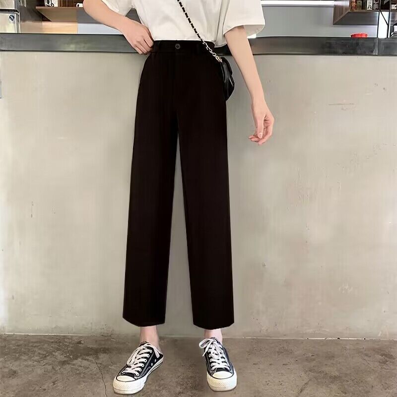 Black trousers, loose straight fit, elastic waist
