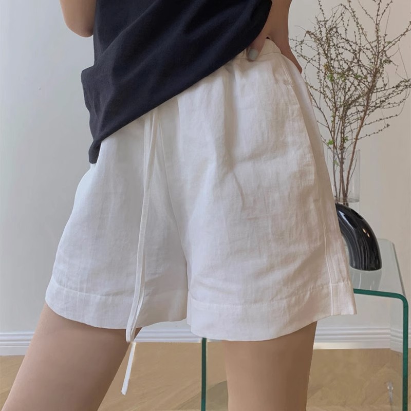 白色棉麻短裤女运动休闲裤2024夏季薄款小个子抽绳高腰宽松阔腿裤